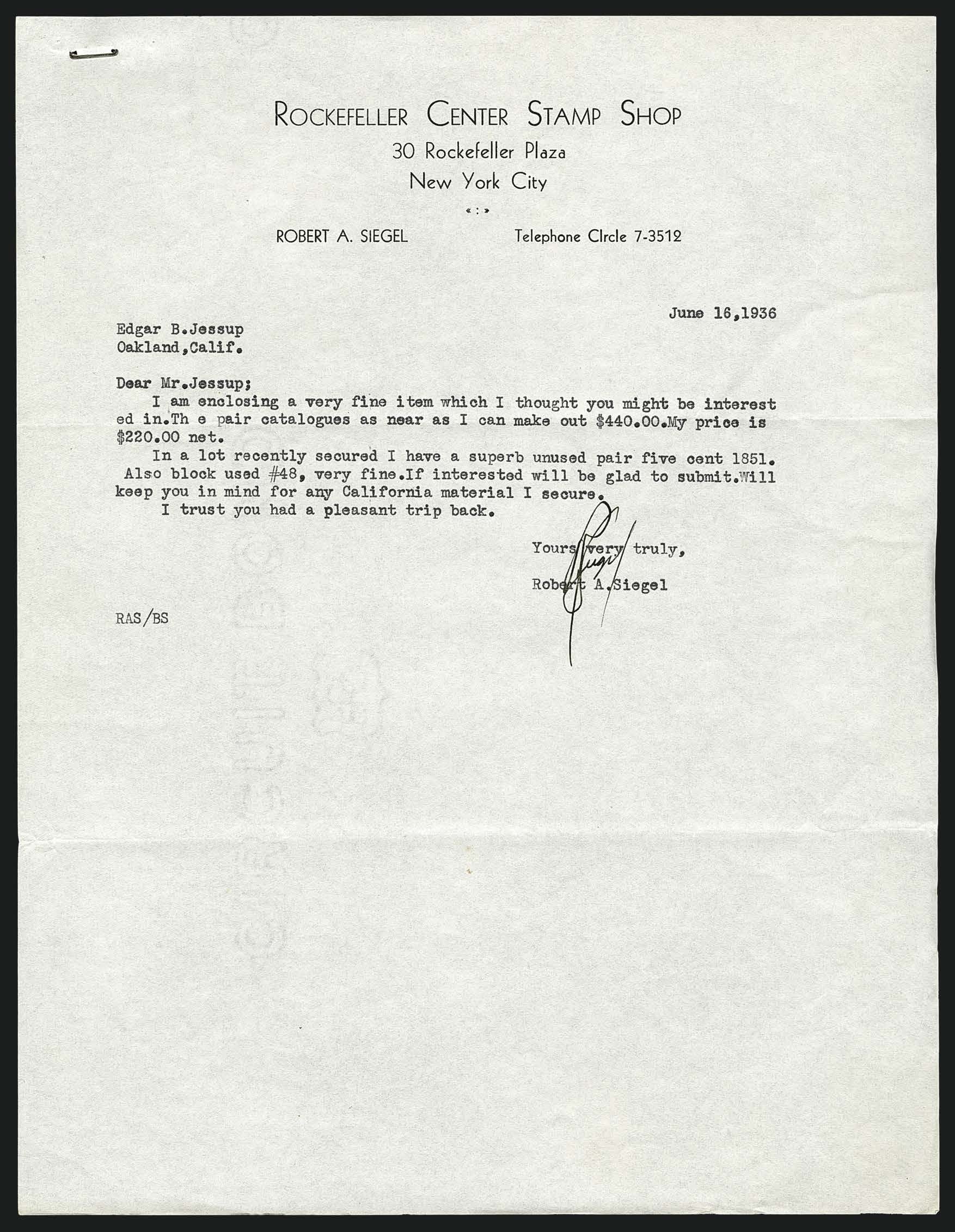 Letter from Robert Siegel to Edgar Jessup — Siegel Auction Galleries